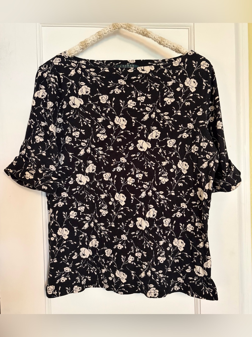 Lauren Ralph Lauren Black Short Sleeve Boatneck Top with Cream Floral Print
